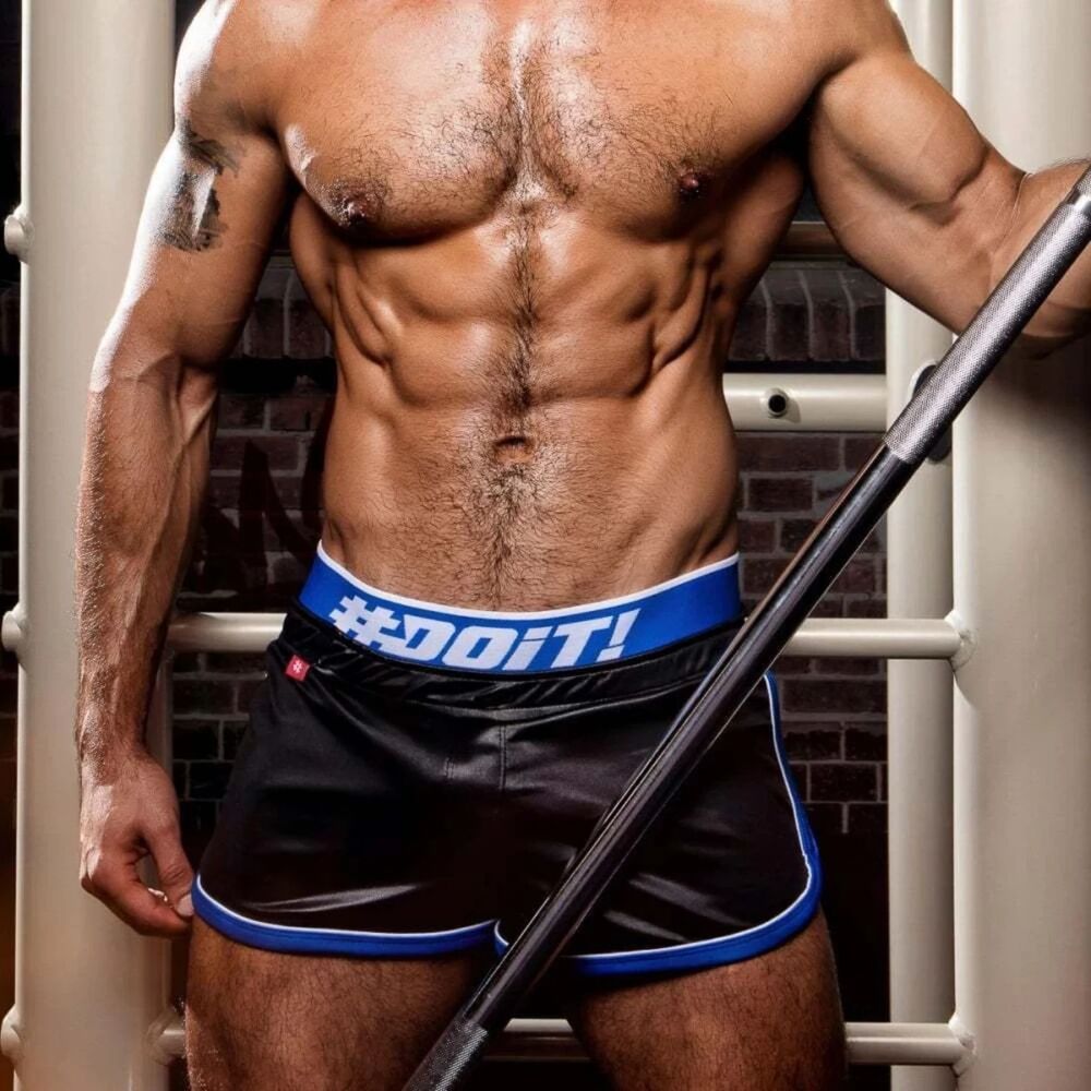 DOiT Shiny Split Running Shorts Built-In Jockstrap Black Blue Gay Pride Sz. L